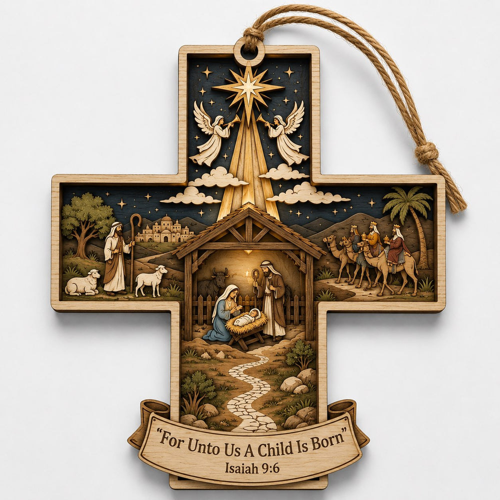 Cross-shaped wooden Christmas ornament depicting the Nativity with Mary, Joseph, baby Jesus, angels and a star