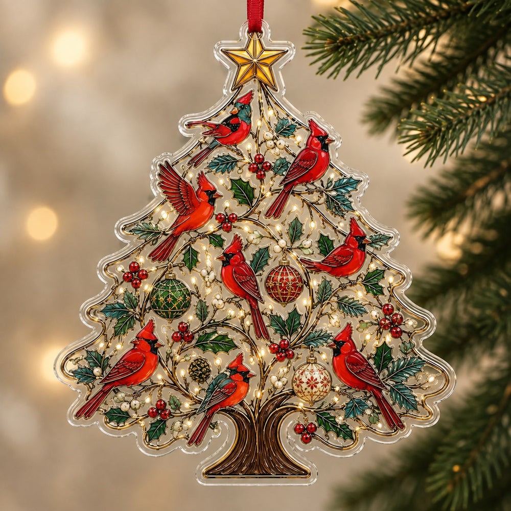 Christmas tree ornament with red cardinals, holly leaves, berries, colorful ornaments and a golden star