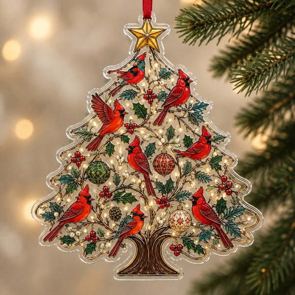 Christmas tree ornament with red cardinals, holly leaves, berries, colorful ornaments and a golden star