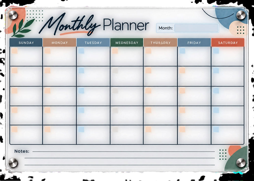 Clear acrylic monthly fridge calendar with memo space and four colored dry erase markers
