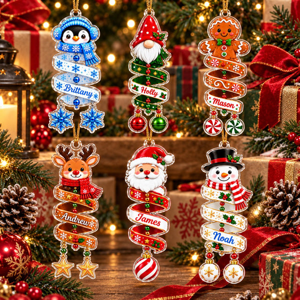 Six acrylic Christmas ornaments: penguin, gnome, gingerbread figure, reindeer, Santa and snowman