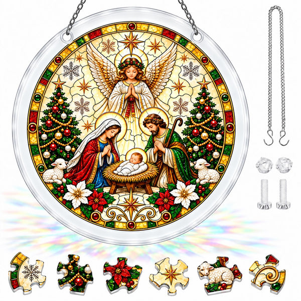 Nativity acrylic suncatcher puzzle with baby Jesus, Mary, Joseph, an angel, lambs, stars and poinsettias
