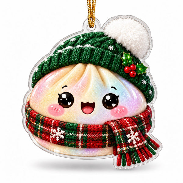 Smiling dumpling acrylic Christmas ornament with festive winter accessories