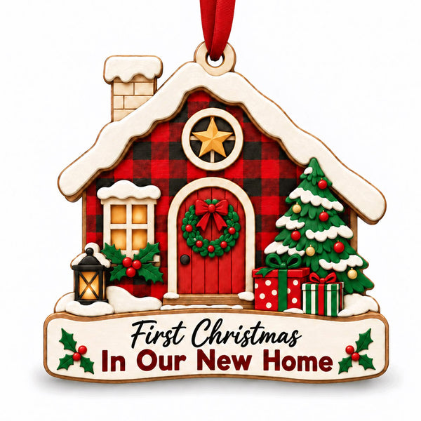 Red and black plaid house ornament with First Christmas In Our New Home message, snowy details, tree and presents