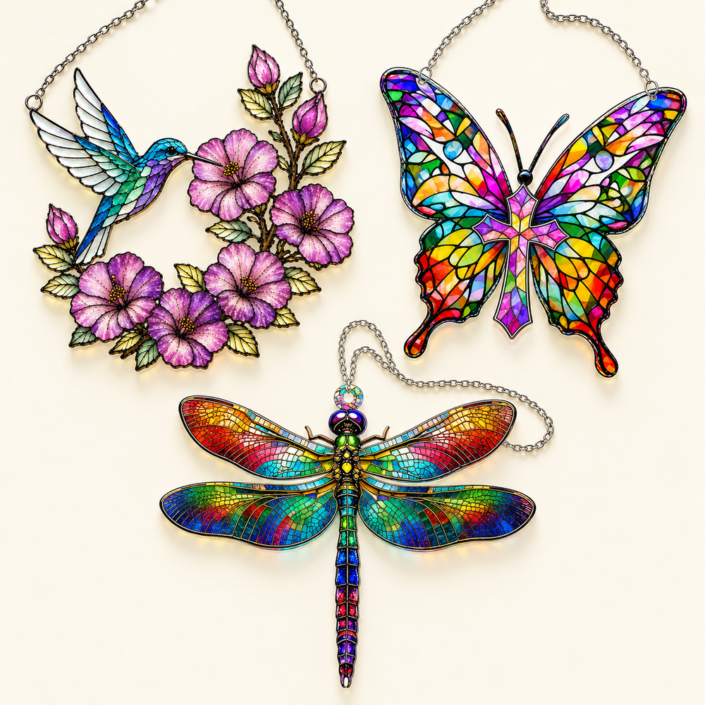 Acrylic Suncatcher Trio: Hummingbird, Butterfly & Dragonfly