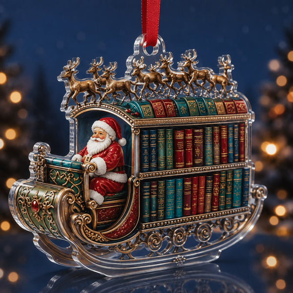 Christmas ornament with Santa beside a colorful bookshelf, a sleigh and reindeer above