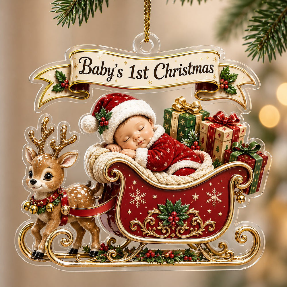 Baby's first Christmas ornament with a sleeping baby in a red sleigh, reindeer, gifts, holly, snowflakes and banner