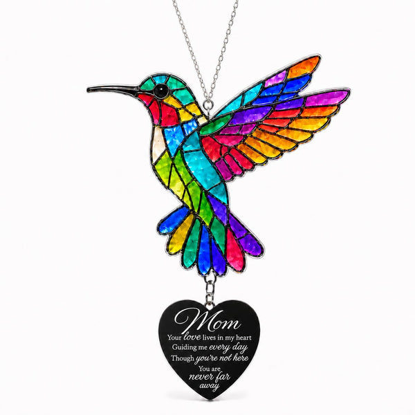 Multicolored acrylic hummingbird memorial ornament with a heart-shaped Mom remembrance message