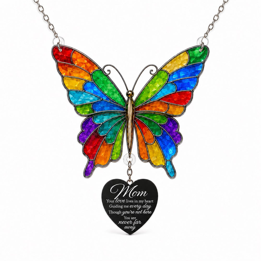 Multicolored acrylic butterfly memorial ornament paired with a heart-shaped Mom remembrance message