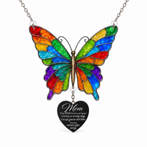 Multicolored acrylic butterfly memorial ornament paired with a heart-shaped Mom remembrance message
