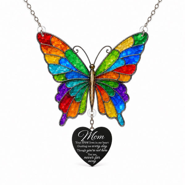 Multicolored acrylic butterfly memorial ornament paired with a heart-shaped Mom remembrance message