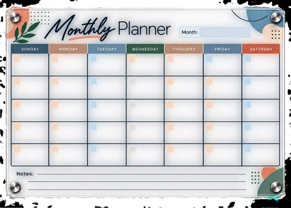 Clear acrylic monthly fridge calendar with memo space and four colored dry erase markers