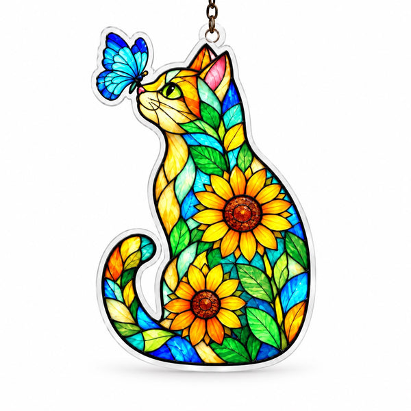 Seated acrylic cat suncatcher with sunflowers, colorful leaves and a blue butterfly