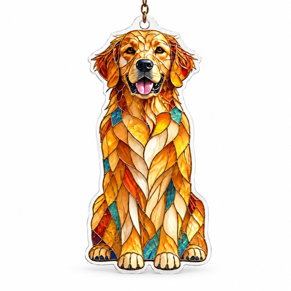 Acrylic dog suncatcher with mosaic-style amber, cream, orange, teal and blue sections