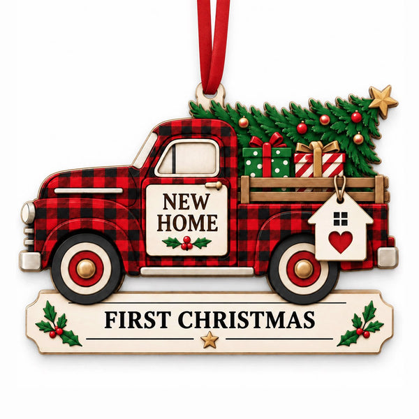 Red and black plaid truck ornament carrying a Christmas tree and presents, with New Home and First Christmas wording