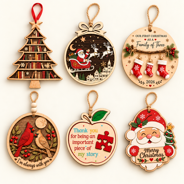 Wooden Christmas Ornaments - Set of 6